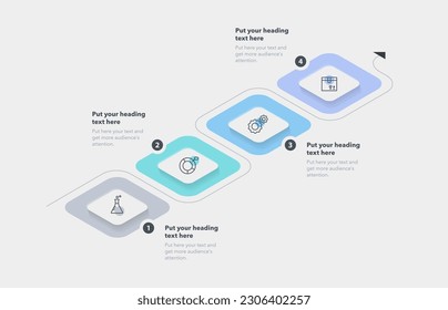 Plantilla de infografía de proceso rectangular con cuatro pasos. Diseño de gráficos isométricos para diseño de flujo de trabajo, diagrama, banner, diseño web.