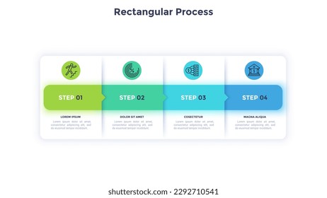 Rectangular process template for business analytics performance infographic chart design. Workflow stages connecting infochart with icons. Instructional graphics with 4 steps sequence for banner