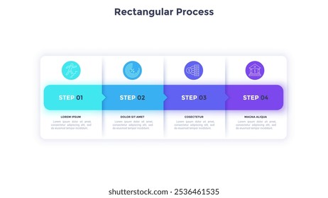 Rectangular process template for business analytics performance infographic chart design. Workflow stages connecting infochart with icons. Instructional graphics with 4 steps sequence for banner