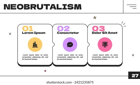Rectangular process template of neobrutalism style vector infographic elements. Business planning presentation y2k trendy design with mockup banners. 4 shapes for commercial graphic data performance