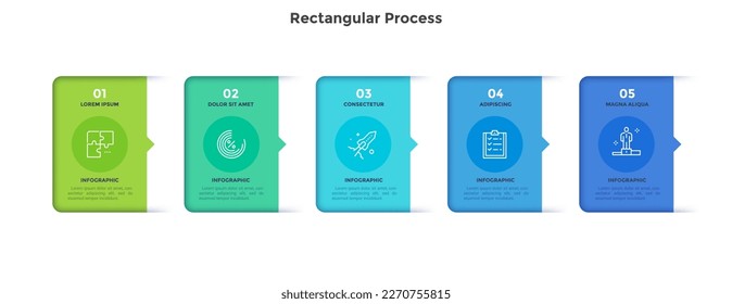 Rectangular progress template for commercial growth infographic chart design. Corporate development connecting infochart with thin line icons. Instructional graphics with 5 steps sequence for banner