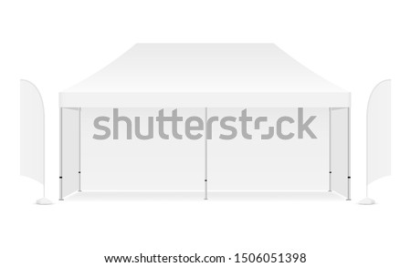 Rectangular promotional canopy tent with two advertising flags, isolated on white background. Vector illustration