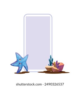 Rectangular purple board, at the bottom cute starfish pointing up towards the banner