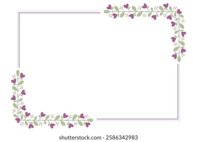 Rectangular Purple Border Frame Or Wreath With Purple Flowers And Green Leaves