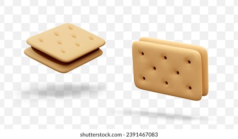 Rectangular realistic cookie sandwich. Crispy pastry with filling, cracker. Salty biscuit. Textured detailed vector image. Isolated object in different positions. Templates for web design