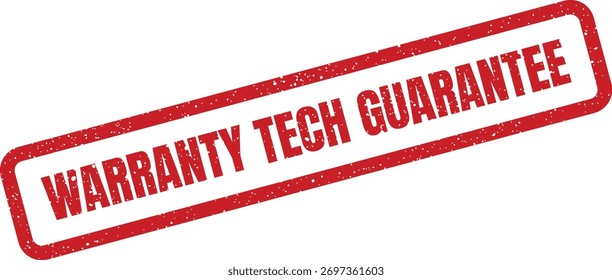 Eine rechteckige rote Grunge-Briefmarke mit "Warranty Tech Guarantee"-Text, ideal für digitale und technologische Produktgarantien. Betont Zuverlässigkeit.