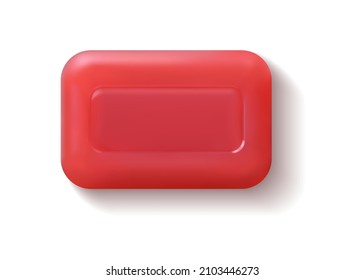 Rectangular red soap bar. Realistic hand washing detergent. 3D hygienic cleaning product. Square beauty bath soapy cleanser. Cosmetic skin care toiletry. Vector top view of spa cleaner