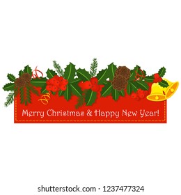 Rectangular red sticker with Holly berry, pine branch and cones, snowflakes, serpentine and jingle bells. Decoration for Christmas, New year. For greeting card, vignette, banner, email for holiday.
