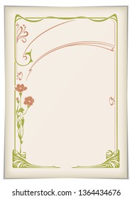 Rectangular retro framework with abstract flower element on a sheet of faded paper. Art Nouveau style and colors. Template for certificate, card. A4, A3 page proportions.
