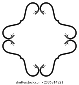 Rectangular rhombus shape animal ornament or frame with snakes. Ancient Greek antique style. Black and white silhouette.