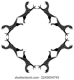 Rectangular rhombus shape border or frame with fantastic winged griffins. Medieval Viking motif. Black and white silhouette.