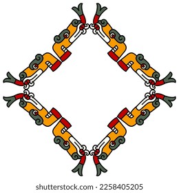 Rectangular rhombus shape ethnic frame with stylized heads of snake or dragon with forked tongue. Native American animal design of Aztec Indians from Mexican codex. Isolated vector illustration.