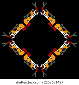 Rectangular rhombus shape ethnic frame with stylized heads of snake or dragon with forked tongue. Native American animal design of Aztec Indians from Mexican codex. On black background.