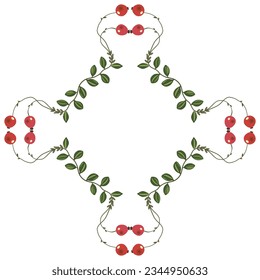 Rectangular rhombus shape frame floral frame with branches of cranberry plant. Botanical ornament with green leaves and ripe red berries. Isolated vector illustration. On white background.