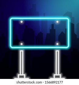 Rectangular road sign on a background landscape of a night city. Copy space for text