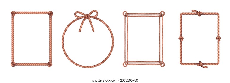 Rectangular and round natural rope frames realistic horizontal set with overhand loop and bow knots vector illustration