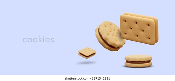 Rectangular and round sandwich cookies. Crispy pastries with different flavors. Sweet wheat snacks with filling. Chocolate cream. 3D illustration, textured elements