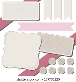 rectangular and round sewed and crackled frames with ribbons and round sewed stickers patterned elements for infographic isolated on white background