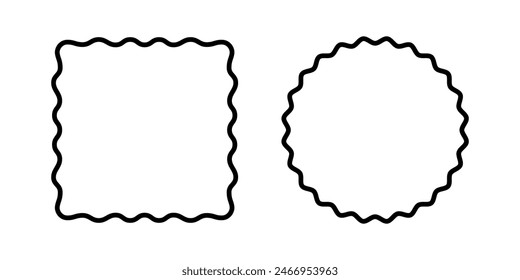 Rectangular and round shapes with undulated borders. Square and circle frames with wavy edges. Empty frilly text boxes, tags or labels isolated on white background. Vector graphic illustration.