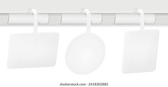 Rectangular, round, square shelf wobbler. Vector mockup set. White blank supermarket dangler realistic mock-up