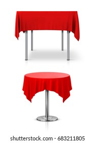 Rectangular And Round Table With A Red Tablecloth On A White Background