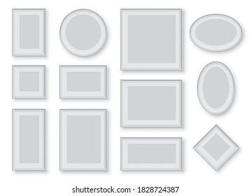 Rectangular and round white photo or picture frames in different proportions and sizes isolated on white background. Vector vintage borders set. Square, rectangle, rhombus, oval and circle