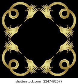 Rectangular rounded frame with fantastic medieval dragons. Golden glossy silhouette on black background.