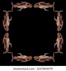 Rectangular rounded frame with stylized fish. Native American animal design of Maya Indians. On black background.