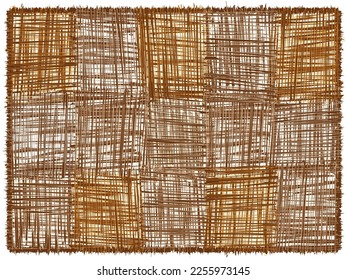 Rectangular ructic checkered rug, mat, carpet, doormat, plaid with rough grunge striped intersecting elements and fringe  in brown, orange colors isolated on white background