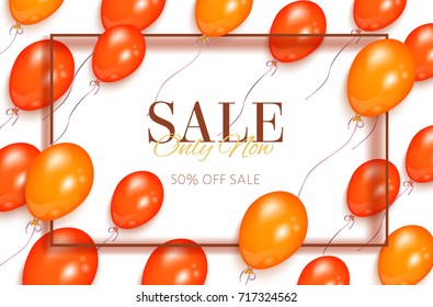 Rectangular sale banner, flyer design with orange balloons and frame for text, vector illustration on white background. Sale banner, flyer, poster template with shiny balloons and rectangular frame