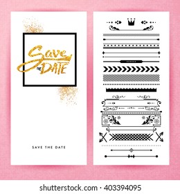 Rectangular save the date stationery in gold glitter with extra icons, frames and borders over soft pink background