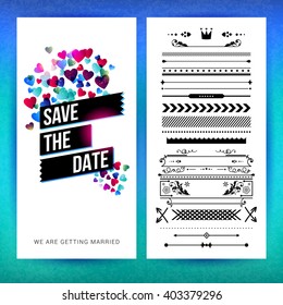Rectangular save the date stationery with various colored heart symbols, extra icons, frames and borders over blue and green gradient background
