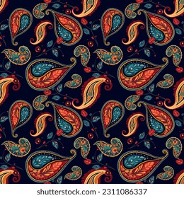 Rectangular seamless Bandana Print vector design for rug, carpet, tapis, shawl, towel, textile, yoga mat. Neck scarf or kerchief pattern design. Traditional ornamental ethnic pattern with paisley