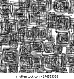 Rectangular seamless pattern in black and white is hand drawn ink illustration. Illustration is in eps8 vector mode, background on separate layer. 