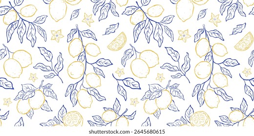 Rectangular seamless pattern with lemons, branches, leaves and flowers on white backdrop. Sketch italian style. Flat vector illustration. Mediterranean life. Perfect for cover, textile, wrapper