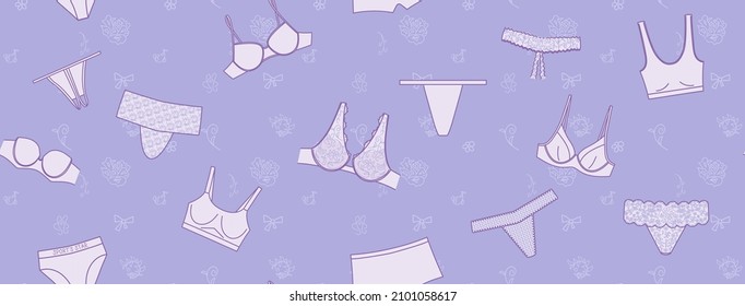 Rechteckiges nahtloses Muster mit Dessous - weibliche Unterwäsche. Blaue Umrisssymbole von Frauenbürsten, Panties, Bademantel. Verschiedene Stile von Undies. Horizontale Panoramazeilengrafik, Vektorgrafik