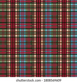 Rectangular seamless vector pattern as a tartan plaid in blue, green, beige and red hues, texture for flannel shirt, plaid, tablecloths, clothes, blankets and other textile