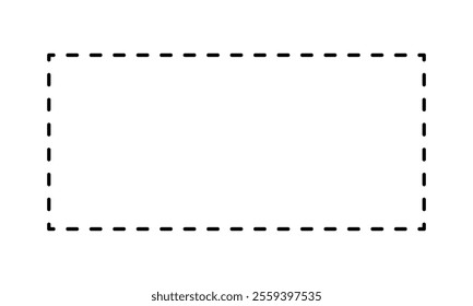 Rectangular shape with dashed cut here line for coupon, discount, sale ticket. Dashed rectangle frame isolated on white background. Vector outline illustration.