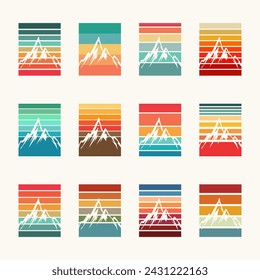 Rectangular shape with striped gradient and mountain peaks line. Ombre sunrise in vintage colors. Background, vector illustration. Mount landscape, hiking, adventure, trip, travelling vibes