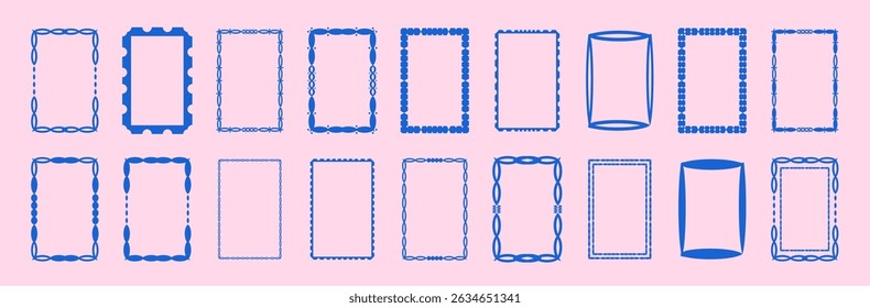 Rectangular shapes with curvy and jagged borders.  Simple blue frame illustration set stock illustration. Rectangle wavy scallop frame in doodle trendy style.