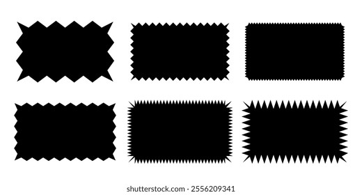 Rectangular shapes with jagged borders. Frames with zigzag, sharp, corrugated and curved edges. Vector illustration set isolated on transparent for stickers, tags, labels, stamps, badges.