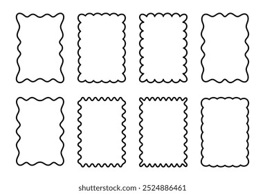 Formas retangulares com bordas irregulares e onduladas. Marcas, rótulos, carimbos, bolachas e cupons, apresentando caixas retangulares com bordas curvas, onduladas ou onduladas.