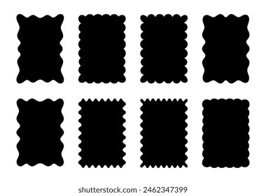 Formas rectangulares con bordes ondulados sobre fondo blanco. Etiquetas, etiquetas, sellos, galletas, Cupones. Ilustración plana de Vector.