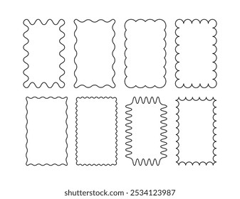 Formas retangulares com bordas onduladas em um plano de fundo branco. Etiquetas, etiquetas, selos, bolachas, cupons. Ilustração plana vetorial.