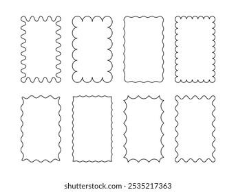 Formas rectangulares con bordes ondulados sobre fondo blanco. Etiquetas, etiquetas, sellos, galletas, Cupones. Ilustración plana de Vector.