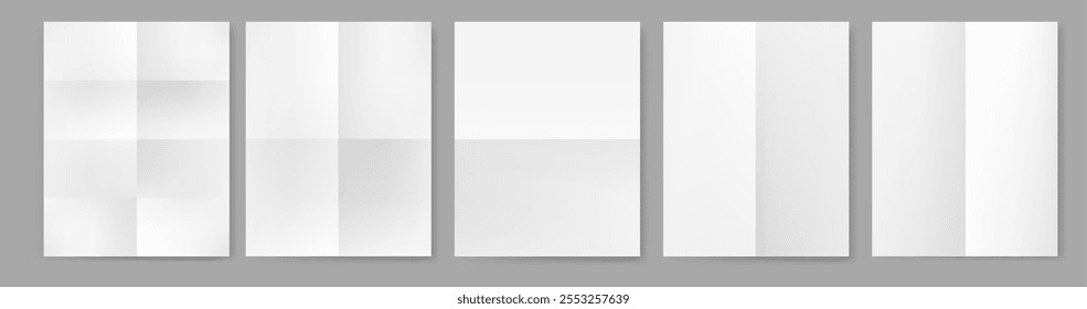 Rectangular sheet of paper folded along middle lines and into smaller parts, views from both sides. Vector bent to create shape, form or design of cards, booklets or artistic origami folding