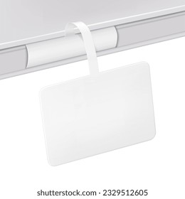 Rectangular shelf wobbler vector mockup. White blank rectangle supermarket dangler realistic mock-up