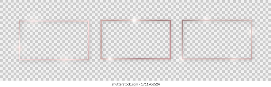 Rectangular Shiny Frames With Glowing Effects. Set Of Three Rose Gold Rectangular Frames With Shadows On Transparent Background. Vector Illustration