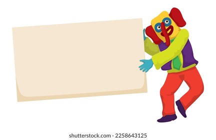 Rectangular sign template held by a happy and colorful Marimonda, character from Colombian's Carnival of Barranquilla. Design isolated in cartoon style.