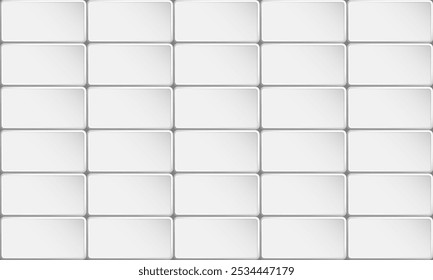 Rectangular silver colored tile buttons wall with rounded corners. Gray ceramic copy space for design of web pages and interface. 3D vector background